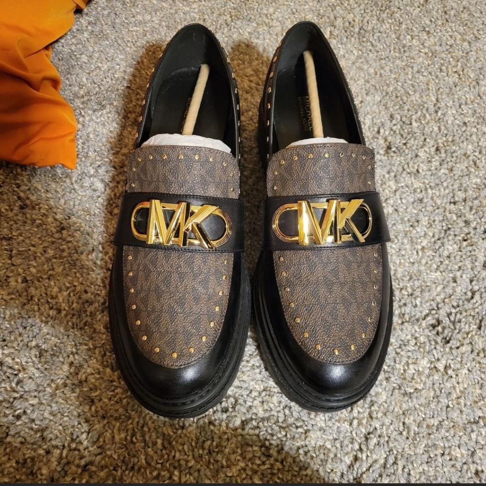 Michael Kors Platform Leather/Canvas studded loafers